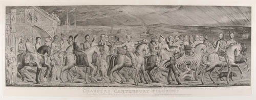 WILLIAM BLAKE Chaucer's Canterbury Pilgrims.: WILLIAM BLAKE Chaucer's Canterbury Pilgrims. Etching, engraving and drypoint on thin rose-toned cream wove paper colle on heavy cream wove paper, 1810. 355x958 mm; 14x37 3/4 inches, wide (full ?) mar