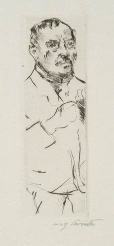 LOVIS CORINTH Selbstbildnis.: LOVIS CORINTH Selbstbildnis. Drypoint on tissue thin Japan paper, 1916. 161x52 mm; 6 3/8x2 1/8 inches, wide (full ?) margins. Edition of only approximately 5. Signed in pencil, lower right. A superb,
