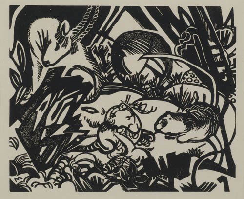 GERMAN PRINTMAKERS Two prints.: GERMAN PRINTMAKERS Two prints. FRANZ MARC. Tierlengende, woodcut, circa 1912. 198x241 mm; 7 1/2x9 1/2 inches, full margins. From Genius. Langheit 83 III * OTTO MUELLER. Ein Sitzen und Ein Kniedes