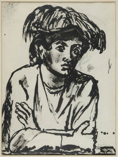 MAX KAHN Study of Woman with a Hat.: MAX KAHN Study of Woman with a Hat. Brush and ink on paper. 570x435 mm; 22 1/2x17 1/4 inches. Signed in pencil, lower right recto. All items are offered for sale subject to Swann Galleries' stand