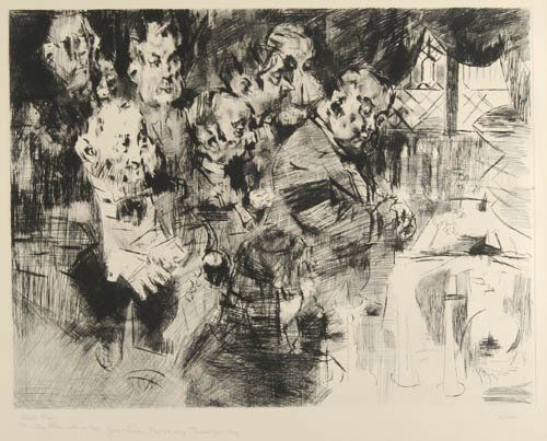 JACK LEVINE Gangster's Funeral.: JACK LEVINE Gangster's Funeral. Drypoint and engraving, 1965. 490x645 mm; 19x25 3/8 inches, full margins. Artist's proof, aside from the edition of 120. Signed, inscribed "Artist's Proof" and dedicate