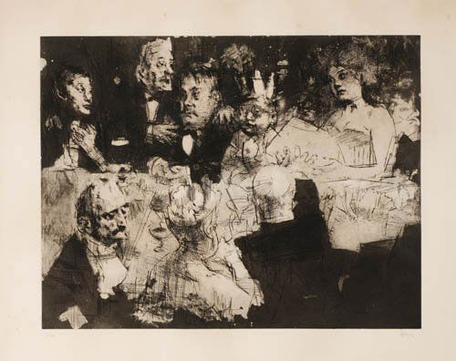 JACK LEVINE Election Night.: JACK LEVINE Election Night. Etching, drypoint, mezzotint and aquatint, 1969. 494x635 mm; 19 3/8x25 1/8 inches, full margins. Signed and numbered 7/120 in pencil, lower margin. A very good, dark impres