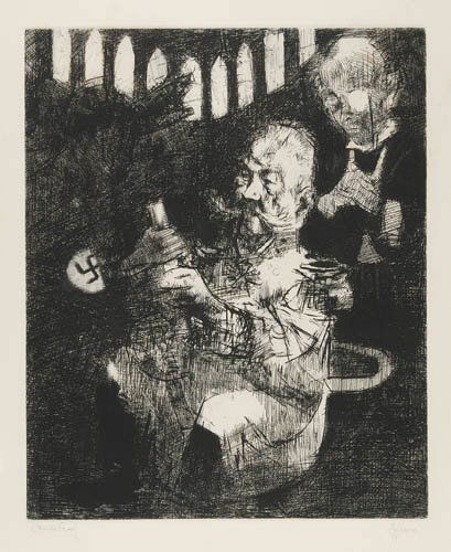 JACK LEVINE Three etchings.: JACK LEVINE Three etchings. The End of the Weimar Republic, 1967. Artist's proof, aside from the edition of 100. Inscribed "Artist's Proof" in pencil, lower left. Prescott 44. * Biographical Text, Pla
