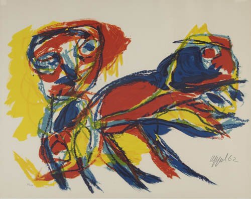 MODERN PRINTMAKERS Two color lithographs.: MODERN PRINTMAKERS Two color lithographs. KAREL APPEL. Figure Composition, 1962. 415x563 mm; 17 3/4x22 1/4 inches. Signed and dated in pencil, lower right * ANDRe MASSON. Deux Figures. 560x360 mm; 22