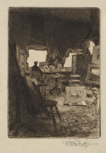 STEPHEN PARRISH Two etchings.: STEPHEN PARRISH Two etchings. The Artist's Studio, printed in bistre * Charentons, printed in sepia. Both signed in pencil, lower right. Both very good impressions. FRANK SHORT. Harbor Scene
