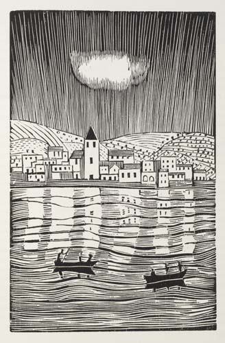 MERTON, THOMAS. The Tower of Babel.: FIRST SIGNED LIMITED EDITION. MERTON, THOMAS. The Tower of Babel. 4 woodcut plates by Gerhard Marcks. Thin folio, 1/4 gilt-lettered vellum, one small naturally discolored spot along top of front join