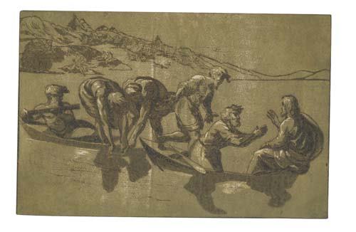 UGO DA CARPI (after Raphael) The Miraculous Dr: UGO DA CARPI (after Raphael) The Miraculous Draught of Fishes. Chiaroscuro woodcut printed in dark green, light green and black on cream laid paper mounted on card stock, circa 1515. 227x343 mm; 9x13