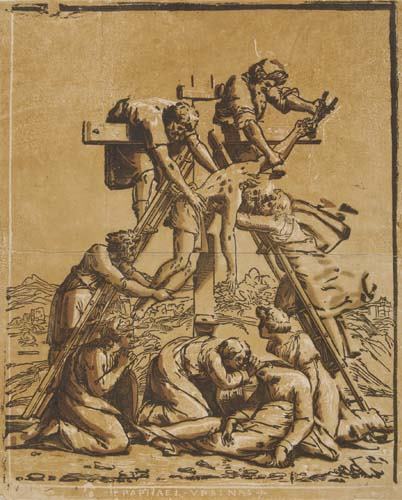 UGO DA CARPI (after Raphael) The Deposition.: UGO DA CARPI (after Raphael) The Deposition. Chiaroscuro woodcut printed in dark brown, tan and black on cream laid paper, circa 1520. 363x295 mm; 14 3/8x11 5/8 inches, small margins. A very good impr