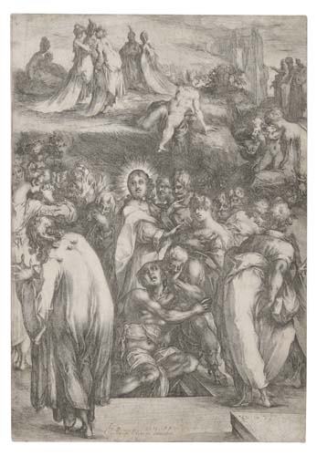 JACQUES BELLANGE The Raising of Lazarus.: JACQUES BELLANGE The Raising of Lazarus. Etching, circa 1630. 447x306 mm; 17 5/8x12 1/8 inches. Bunch of grapes with the name Colunbier watermark (Griffiths/Hartley 15-16). Trimmed on the plate mark 3