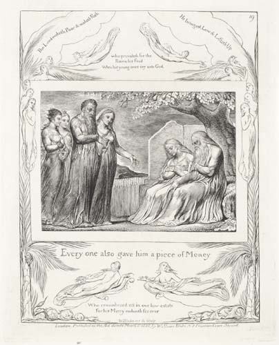 WILLIAM BLAKE Everyone also Gave him a Piece o: WILLIAM BLAKE Everyone also Gave him a Piece of Money. Engraving, 1825. 217x170 mm; 8 5/8x6 3/4 inches, wide (full ?) margins. Edition of 215. Ex-collection the Albertina, Vienna, ink stamp verso (see