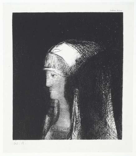 ODILON REDON Druidesse.: ODILON REDON Druidesse. Lithograph on grayish cream chine appliqué, 1892. 230x200 mm; 9 1/8x7 7/8 inches, full margins. Edition of 50. Initialed in pencil, lower left. Printed by Becquet, Paris. A su
