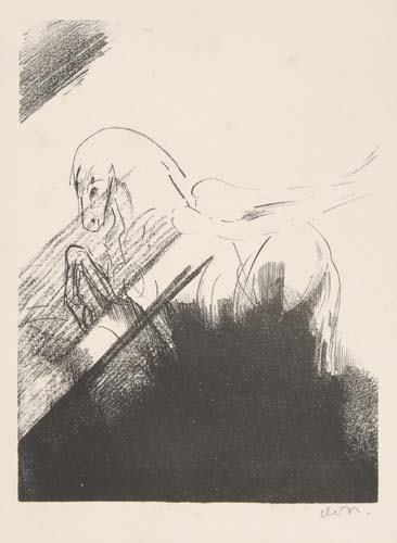 ODILON REDON Cheval ailé.: ODILON REDON Cheval ailé. Lithograph on chine appliqué, 1894. 158x118 mm; 6 1/4x4 3/4 inches, wide (full ?) margins. Proof before letters. Initialed in pencil, lower right. Annotated by Earl L. Cush