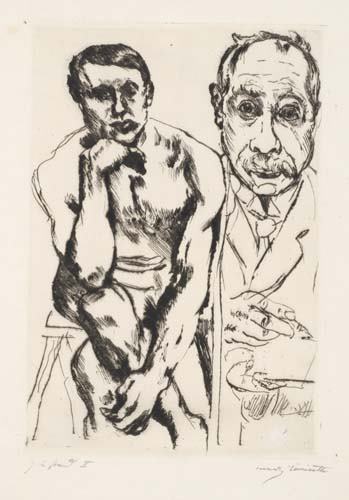 LOVIS CORINTH Selbstbildnis und männlicher Akt: LOVIS CORINTH Selbstbildnis und männlicher Akt. Drypoint, 1917. 232x157 mm; 9 1/8x6 1/4 inches, full margins. Signed and inscribed "Zustand I" in pencil, lower margin. A superb, proof-like impression