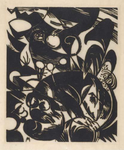 FRANZ MARC Schöpfungsgeschichte I.: FRANZ MARC Schöpfungsgeschichte I. Woodcut on thin cream fibrous Japan paper, 1914. 239x200 mm; 9 3/8x7 7/8 inches, full margins. Edition of 110. Signed by the artist's wife, Maria Marc, in pencil ve
