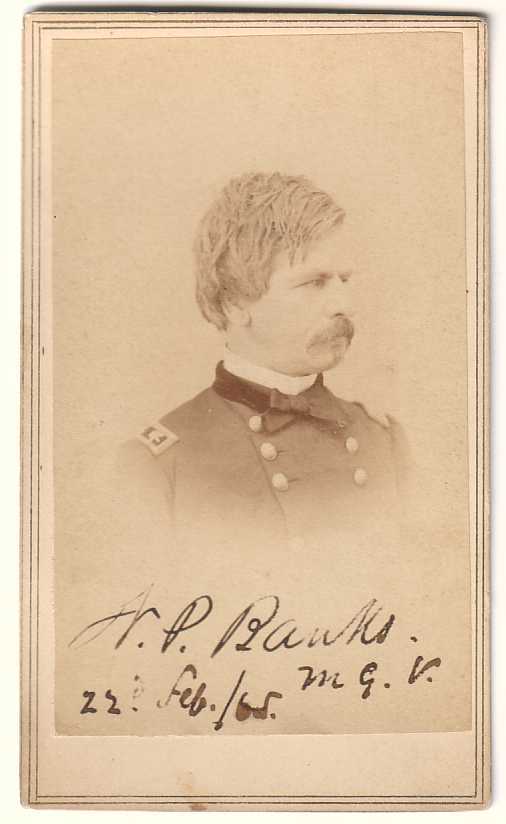 (CIVIL WAR.) BANKS, NATHANIEL P. Photograph Si: (CIVIL WAR.) BANKS, NATHANIEL P. Photograph Signed, "N. P. Banks / M. G. V." and dated, carte-de-visite vignette bust portrait by Alexander Gardner, on the original mount, Signed on the image; contemp