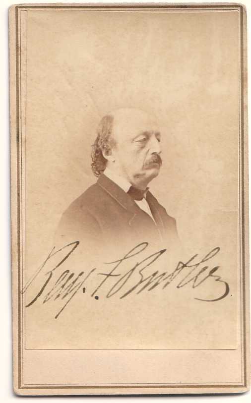 (CIVIL WAR.) BUTLER, BENJAMIN F. Photograph Si: (CIVIL WAR.) BUTLER, BENJAMIN F. Photograph Signed, "Benjamin F. Butler" carte-de-visite bust portrait by Alexander Gardner, on the original mount, Signed in the image; contemporary ink inscription on
