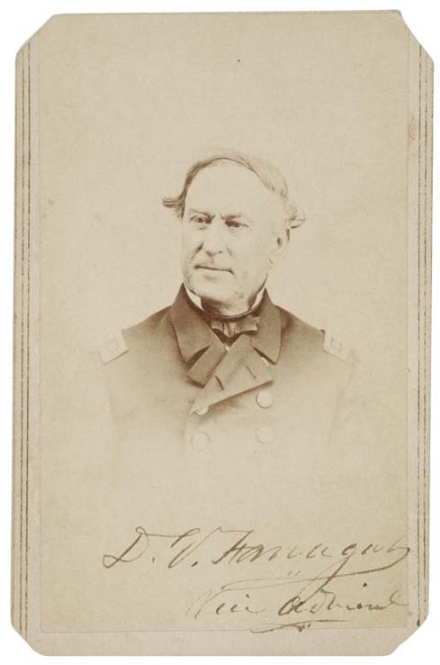 (CIVIL WAR.) FARRAGUT, DAVID G. Photograph Sig: (CIVIL WAR.) FARRAGUT, DAVID G. Photograph Signed, "D. G. Farragut / Vice Admiral" carte-de-visite half-length vignette portrait by Alexander Gardner, on the original mount, Signed in the image; corne