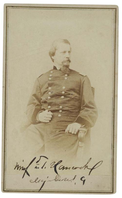 (CIVIL WAR.) HANCOCK, WINFIELD SCOTT. Photogra: (CIVIL WAR.) HANCOCK, WINFIELD SCOTT. Photograph Signed, with rank, carte-de-visite seated portrait by Alexander Gardner, on the original mount, Signed at the bottom of the image; contemporary inscrip