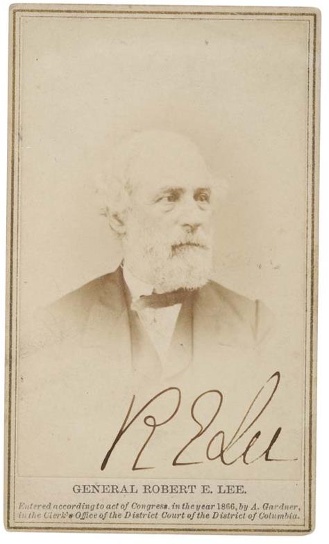 (CIVIL WAR.) LEE, ROBERT E. Photograph Signed,: (CIVIL WAR.) LEE, ROBERT E. Photograph Signed, "R. E. Lee," carte-de-visite bust portrait by Alexander Gardner on the original mount, Signed on the image; with a contemporary inscription in another ha