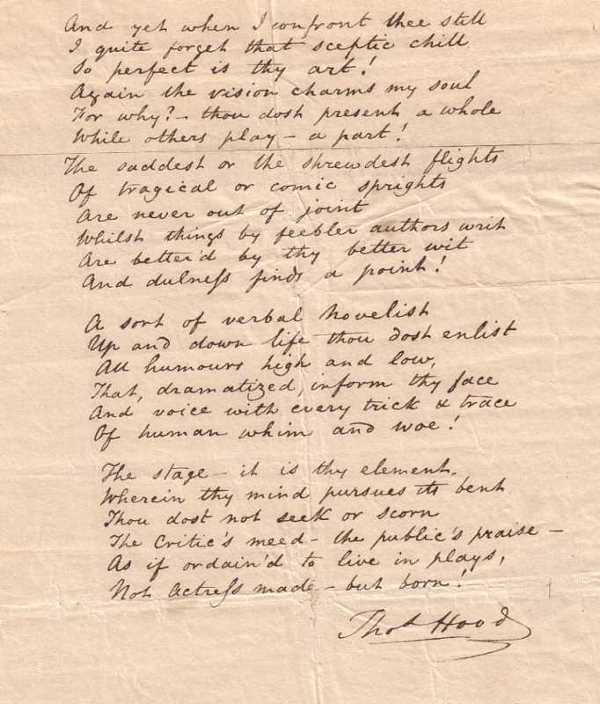 HOOD, THOMAS. Autograph Poem Signed and Inscri: HOOD, THOMAS. Autograph Poem Signed and Inscribed, "To Miss Kelly of the English Opera House," 11 6-line stanzas with the first lines being "Kelly! two quick hours agone / Thy part was oer - the play