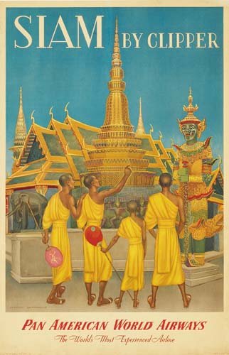 Poster CHARLES BASKERVILLE SIAM / PAN AM. 1950: CHARLES BASKERVILLE. SIAM / PAN AM. 1950. 42 1/4x27 1/2 inches. Condition B+: restored losses and repaired tears in margins, some affecting image. A group of monks gathered around a Buddhist