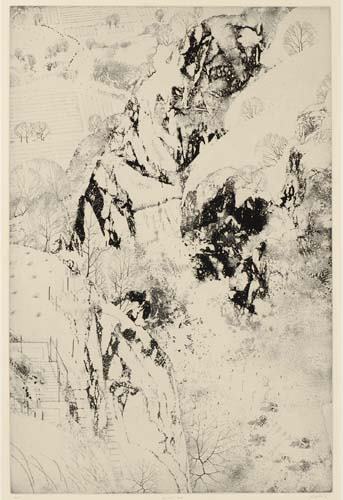 PETER MILTON Sanctuary's Edge.: PETER MILTON Sanctuary's Edge. Etching and engraving, 1981. 1220x812 mm; 48x32 inches, full margins. Signed, titled, dated and numbered 36/175 in pencil, lower margin. Scratch mid-center, left margin,