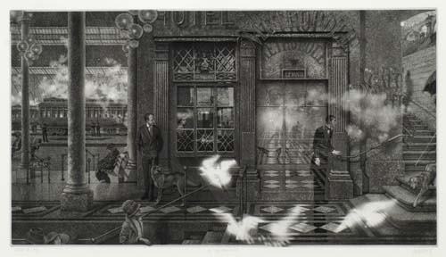 PETER MILTON Interiors IV: Hotel Paradise Cafe: PETER MILTON Interiors IV: Hotel Paradise Cafe. Etching and engraving, 1991. 508x913 mm; 20x36 inches, full margins. Signed, dated, titled and numbered 22/175 in pencil, lower margin. A very good, dar