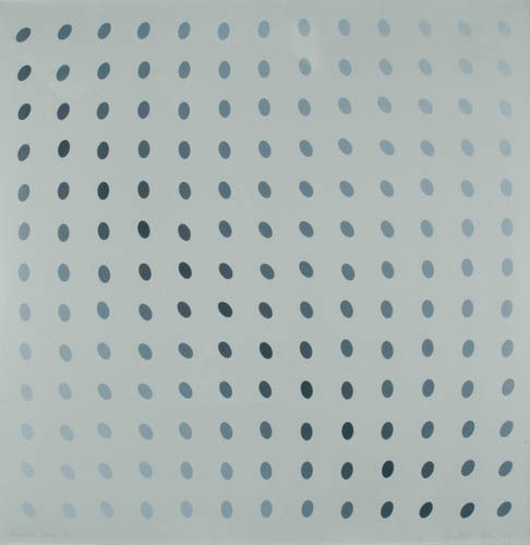 BRIDGET RILEY Nineteen Greys.: BRIDGET RILEY Nineteen Greys. Color screenprint on card, 1964. 755x755 mm; 29 1/2x29 1/2 inches (sheet), full margins. Signed, titled, dated and numbered 6/75 in pencil, lower margin. Printed by Kelpr