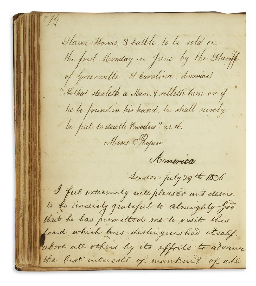 (SLAVERY AND ABOLITION.) Autograph book including: (SLAVERY AND ABOLITION.) Autograph book including inscriptions by noted early African-American orators Moses Roper and Peter Williams. 307, [6] manuscript pages including numerous mounted clipped sign
