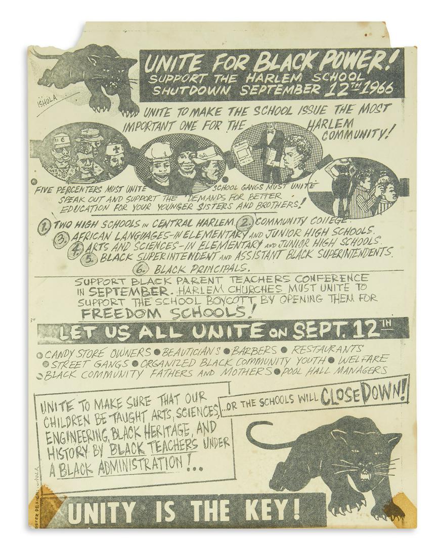 (BLACK PANTHERS.) Pair of fliers from the Harlem branch: (BLACK PANTHERS.) Pair of fliers from the Harlem branch of the Black Panther Party. Each 11 x 8½ inches; cello tape stains, tears at corners (most likely where ripped off telephone poles). – New Yo