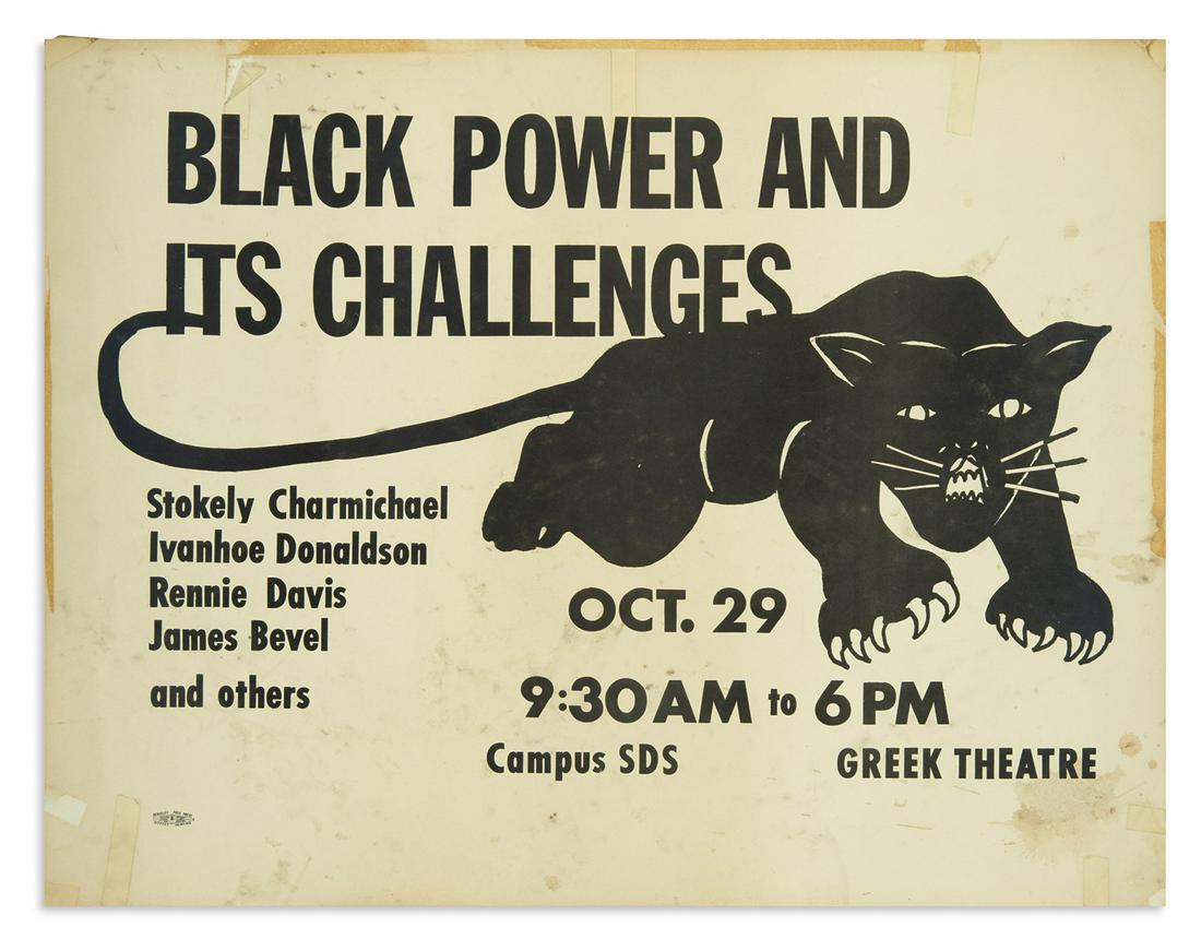 (BLACK PANTHERS.) Poster and program for the important: (BLACK PANTHERS.) Poster and program for the important "Black Power and Its Challenges" conference. Poster, 17½ x 22½ inches; tape stains and remnants at edges, 1-inch closed tear, moderate dampstai