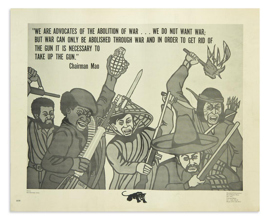 (BLACK PANTHERS.) Douglas, Emory; artist. We Are: (BLACK PANTHERS.) Douglas, Emory; artist. We Are Advocates of the Abolition of War. Poster, 18 x 22 inches; formerly rolled, with light creases. – San Francisco, CA: Black Panther Party, undated Foo