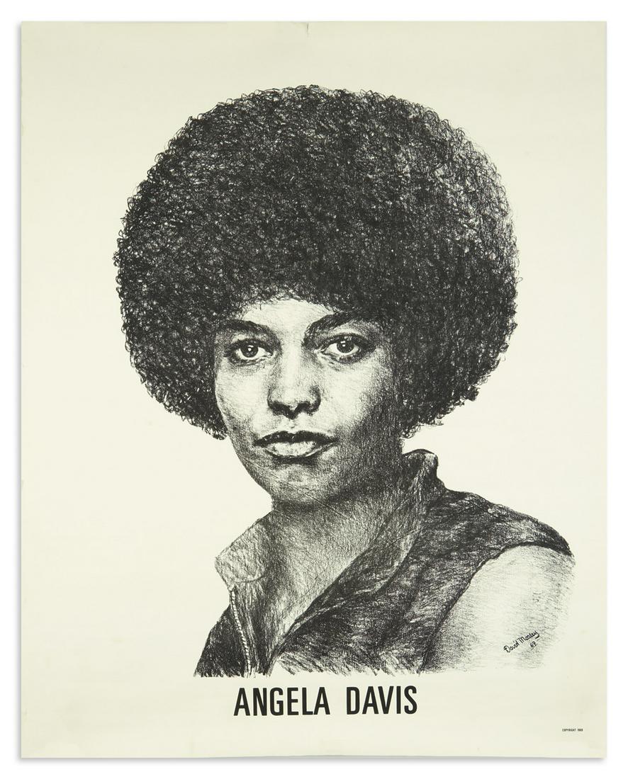 (BLACK PANTHERS.) Mosley, David; artist. Portrait: (BLACK PANTHERS.) Mosley, David; artist. Portrait poster of Angela Davis. Poster, 29 x 23 inches; minor wear including 1-inch closed tear on top edge, mount remnants on verso. – Np, 1969