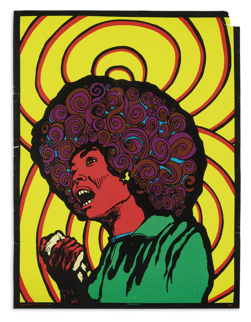 (BLACK PANTHERS.) Earl; artist. Angela Davis.: (BLACK PANTHERS.) Earl; artist. Angela Davis. Black light poster, 28¾ x 21½ inches; moderate wear including 3 short closed tears along left edge and a missing 1½-inch piece of upper right corner, m
