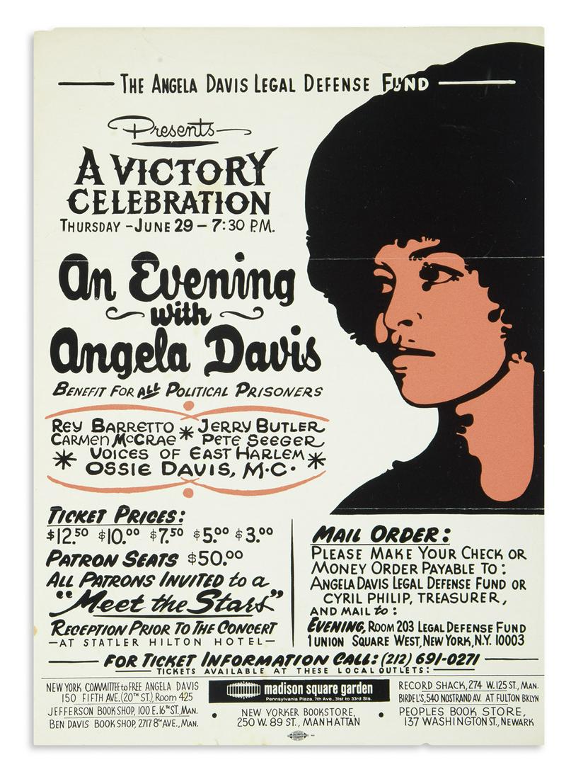 (BLACK PANTHERS.) Group of 3 Angela Davis leaflets.: (BLACK PANTHERS.) Group of 3 Angela Davis leaflets. Each about 11 x 8 inches, each illustrated with portrait of Davis; minimal wear except as noted. – New York and np, 1971-72 Footnote:"The Angela D