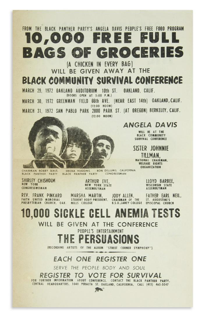 (BLACK PANTHERS.) 10,000 Free Full Bags of Groceries.: (BLACK PANTHERS.) 10,000 Free Full Bags of Groceries. Double-sided photocopied flier, 14 x 8½ inches; moderate toning, folds. – Oakland, CA, 29 March 1972 Footnote:One side advertises a series of e