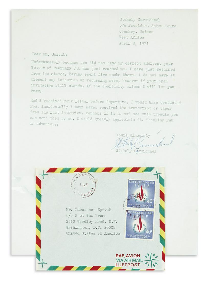 (BLACK POWER.) Carmichael, Stokely. His letter to the: (BLACK POWER.) Carmichael, Stokely. His letter to the producer of the public affairs program Meet the Press. Letter Signed to Lawrence Spivak of New York. 1 one page, 10½ x 8¼ inches; mailing folds,