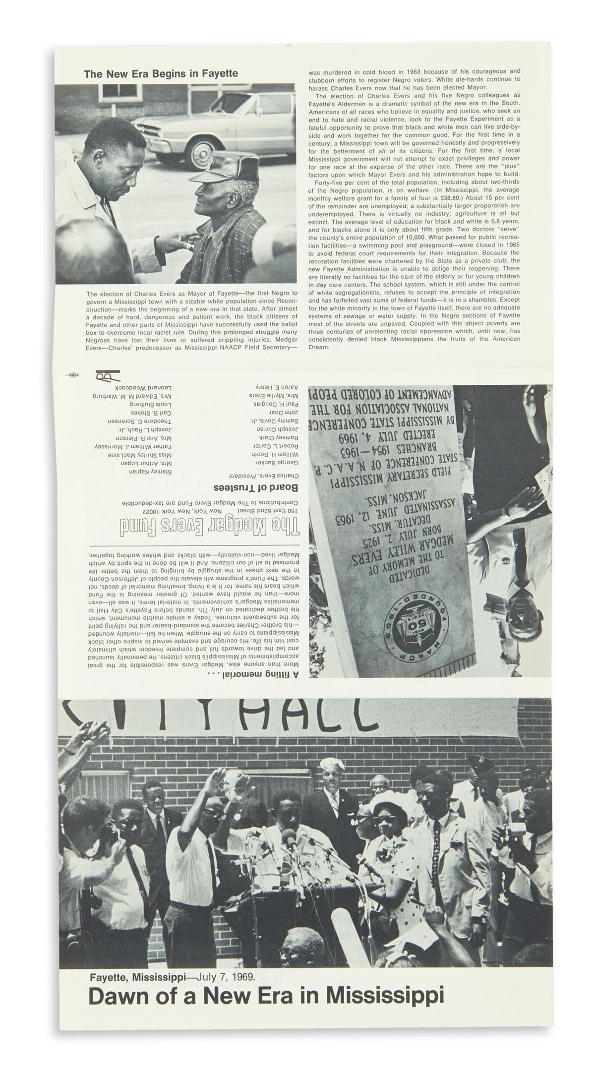 (CIVIL RIGHTS.) "Dawn of a New Era in Mississippi," a: (CIVIL RIGHTS.) "Dawn of a New Era in Mississippi," a pamphlet for the Medgar Evers Fund. [6] pages, 6 x 9 inches, on one folding sheet; minimal wear. – New York, 1969 Footnote:The activist Medgar E