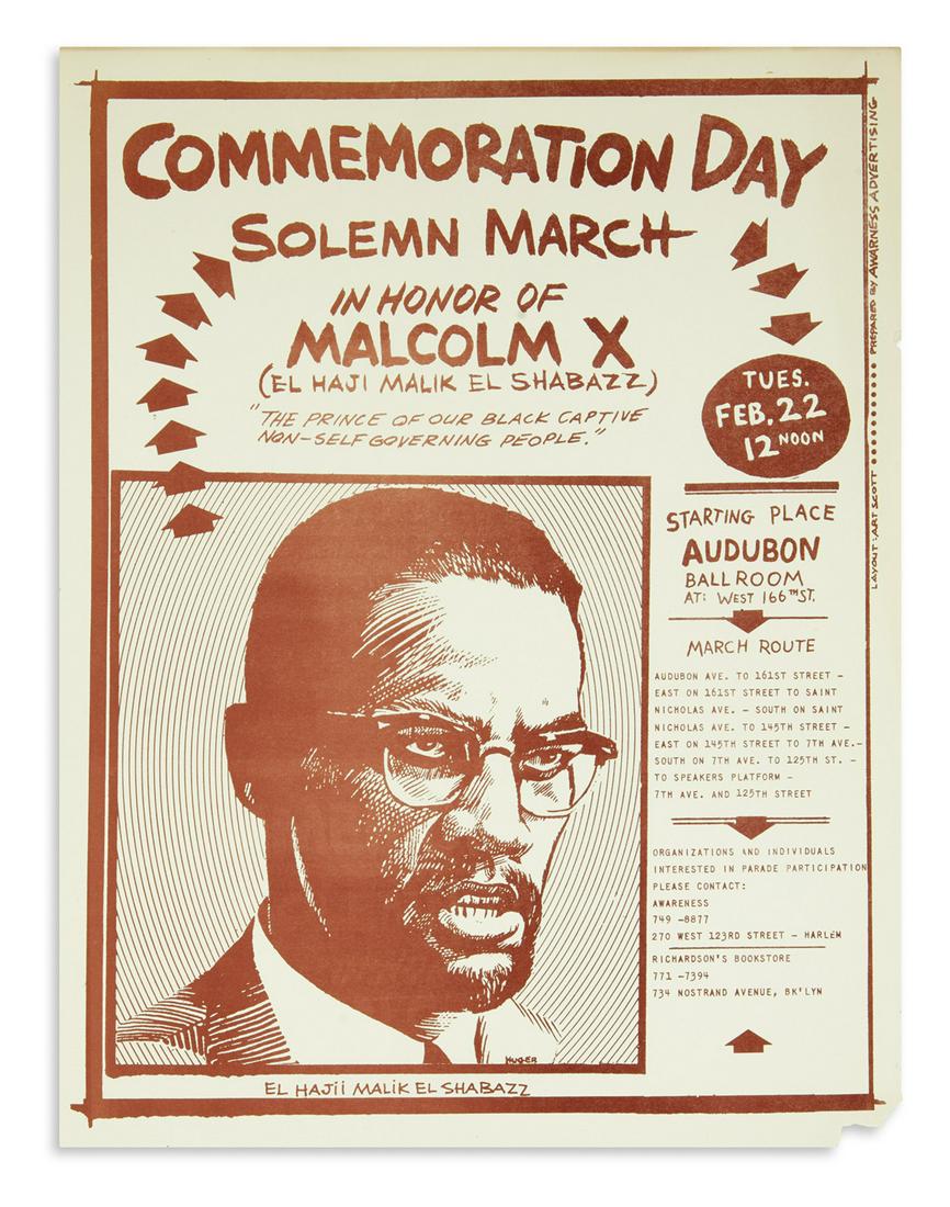 (MALCOLM X.) Group of 3 Malcolm X memorial fliers.: (MALCOLM X.) Group of 3 Malcolm X memorial fliers. Each 11 x 8½ inches; moderate wear. – Vp, 1965-68 Footnote:"Trial for the Murder of Brother Malcolm X . . . Criminal Term, Supreme Court, 100 Cent