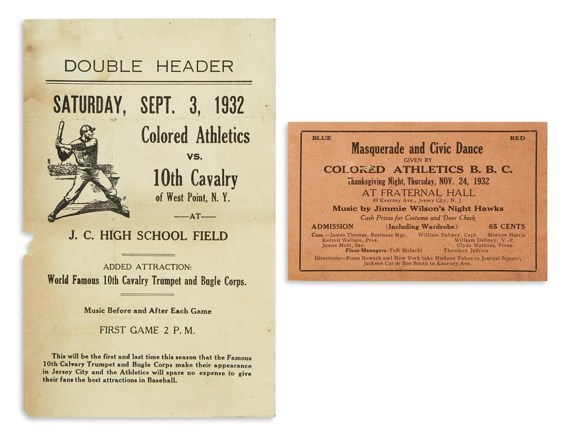 (SPORTS--BASEBALL.) Handbill and ticket for the: (SPORTS--BASEBALL.) Handbill and ticket for the semi-professional Colored Athletics Baseball Club of Jersey City. Handbill, 8½ x 5½ inches; moderate wear and staining, mounted on a fragment of a scr