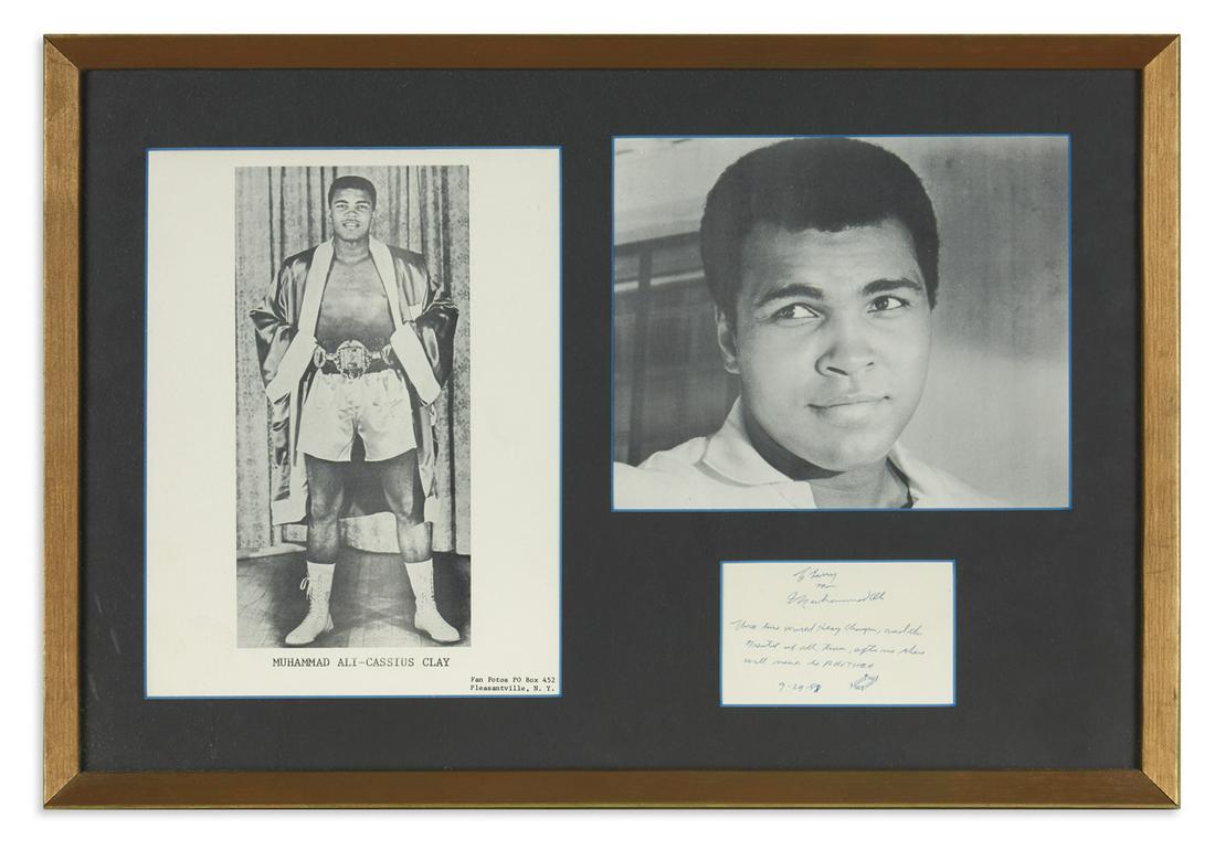 (SPORTS--BOXING.) Card signed and inscribed by Muhammad: "AFTER ME THERE WILL NEVER BE ANOTHER" (SPORTS--BOXING.) Card signed and inscribed by Muhammad Ali, with his illustration of a boxing ring. Autographed card, 2¾ x 4½ inches; no visible wear. Framed 
