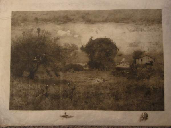 GEORGE INNESS (after) Pastoral Scene.: GEORGE INNESS (after) Pastoral Scene. Etching. 475x720 mm; 18 3/4x28 3/8 inches, full margins. Signed in pencil by Innes, lower left, and by the engraver in pencil, lower right. With a Japanese color