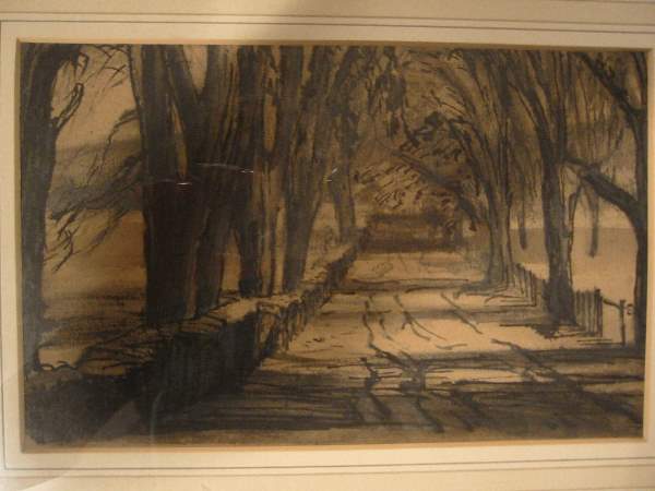 MUIRHEAD BONE Avenue of Trees.: MUIRHEAD BONE Avenue of Trees. Brush and ink and wash on thick cardstock. 158x244 mm; 6 1/4x9 5/8 inches. Signed in pencil, lower right. Ex-collection Arthur Crossland, 1939, printed on a gallery labe