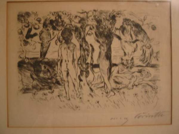 LOVIS CORINTH Paradies.: LOVIS CORINTH Paradies. Etching and drypoint, 1915. 140x200 mm; 5 1/2x7 5/8 inches, full margins. Signed in pencil, lower margin. Pale time stain and marginal mat stain. A fine impression. Schwarz 210