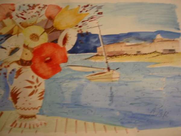 CHARLES LEVIER Still Life with a Vase of Tulip: CHARLES LEVIER Still Life with a Vase of Tulips, in the Distance a Bay and Sailboats Watercolor on cream wove paper. 498x723 mm; 19 1/2x28 5/8 inches. Signed in watercolor, lower right. Pale time stai