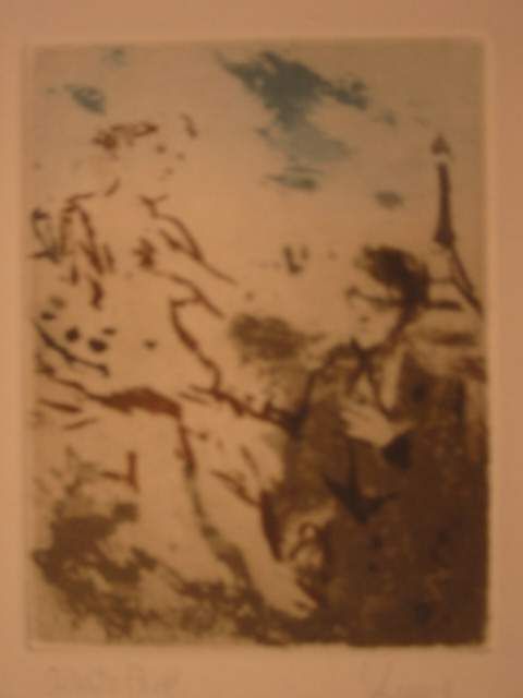 JACK LEVINE Two etchings.: JACK LEVINE Two etchings. Cain and Abel I, with drypoint, 1964. 245x197 mm; 9 3/4x7 3/4 inches, full margins. Signed and numbered 48/80 in pencil, lower margin * An American in Paris, printed in colo