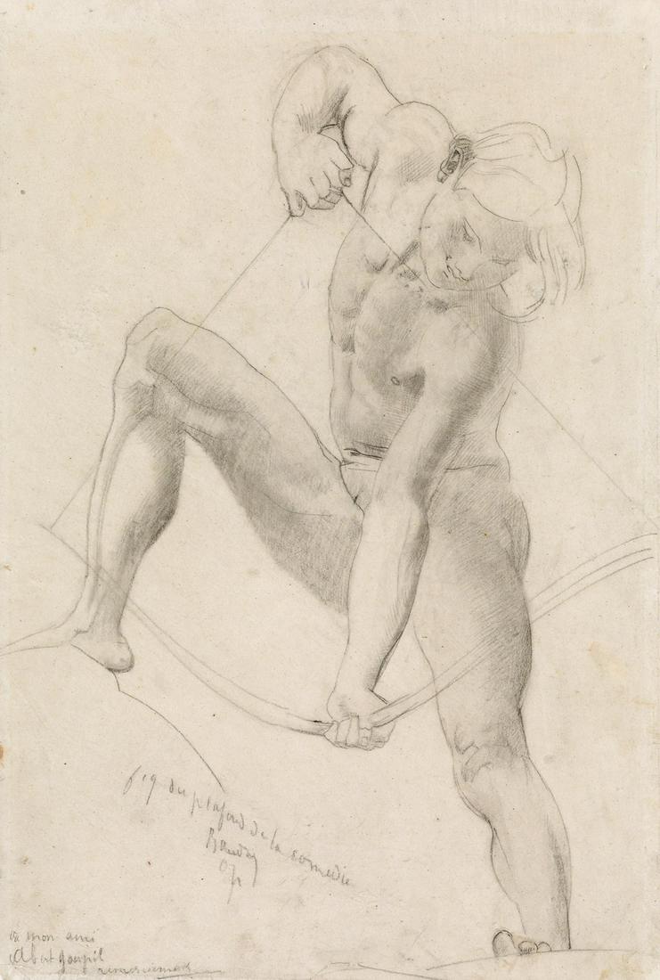 PAUL-JACQUES-AIMÉ BAUDRY (La Roche-sur-Yon: PAUL-JACQUES-AIMÉ BAUDRY(La Roche-sur-Yon 1828-1886 Paris)Study for a Figure of an Archer for the Comédie-Française.Black chalk on thin cream wove paper mounted on heavy wove paper. 425x290 mm; 16x