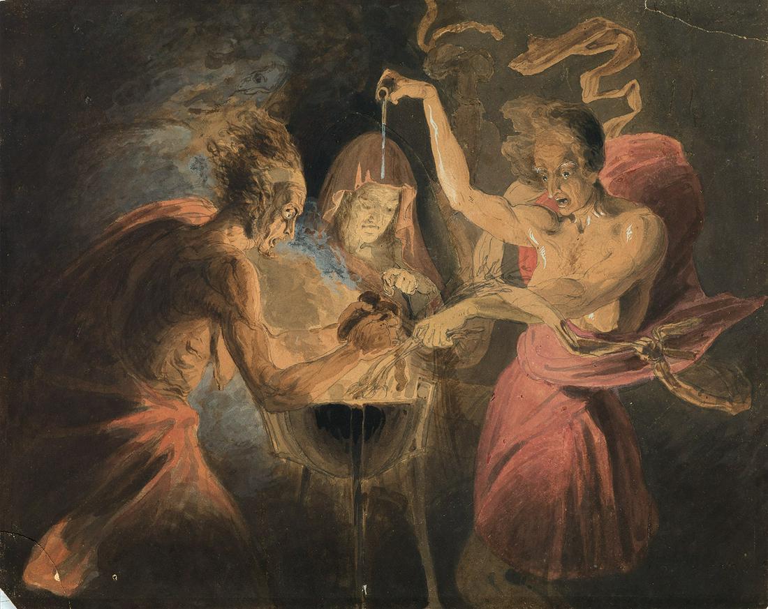 JOHN DOWNMAN (Wales 1750-1824 Wrexham) Macbeth: The: JOHN DOWNMAN(Wales 1750-1824 Wrexham)Macbeth: The Three Witches.Watercolor, gouache and pencil on cream laid paper. 231x325 mm; 9x12 inches.Sold Bassenge, Berlin, June 4, 2012, lot 6299.