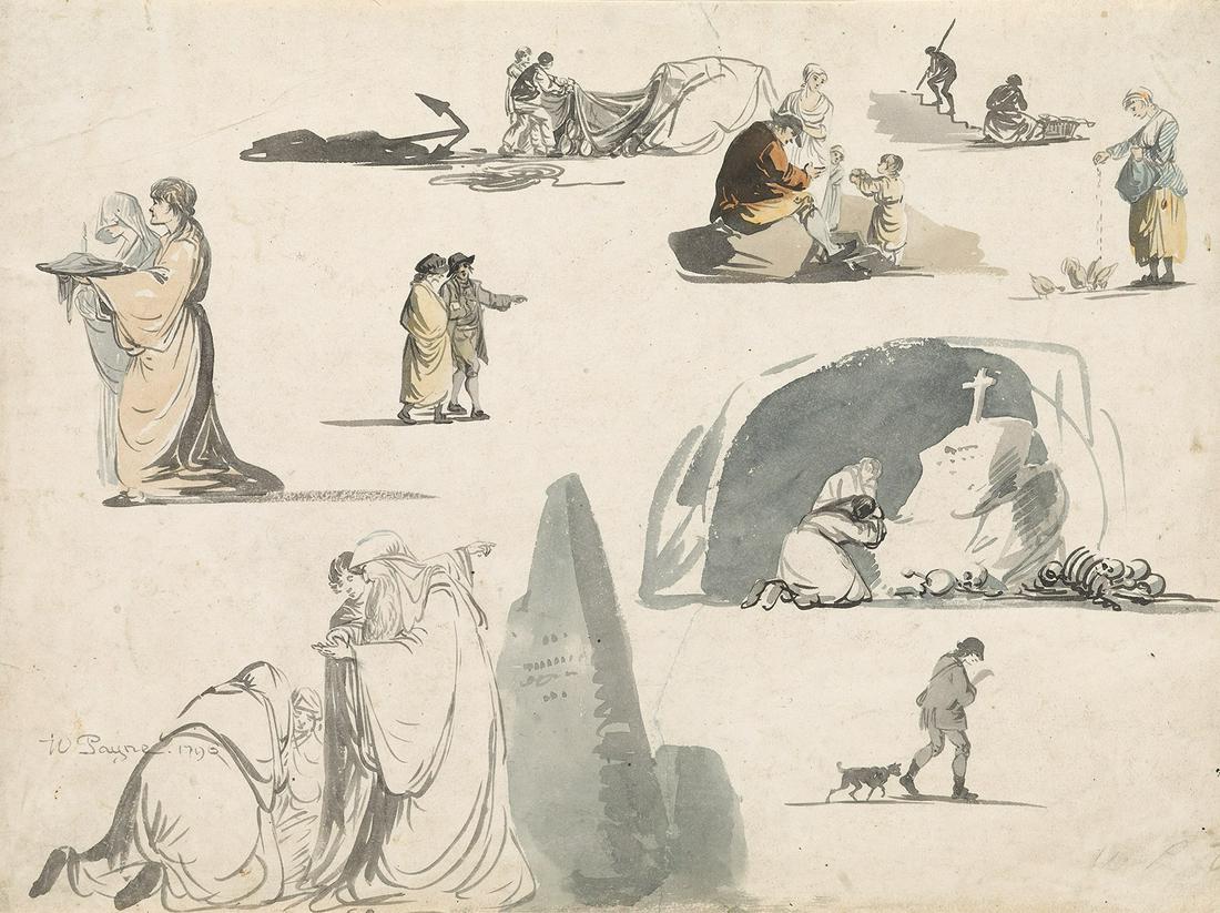 WILLIAM PAYNE (Exeter 1760-1830 London) Sheet of: WILLIAM PAYNE(Exeter 1760-1830 London)Sheet of Studies with Figure and Religious Scenes.Watercolor and brush and ink and wash, 1796. 270x365 mm; 10x14½ inches. Signed and dated in ink, lower left rec