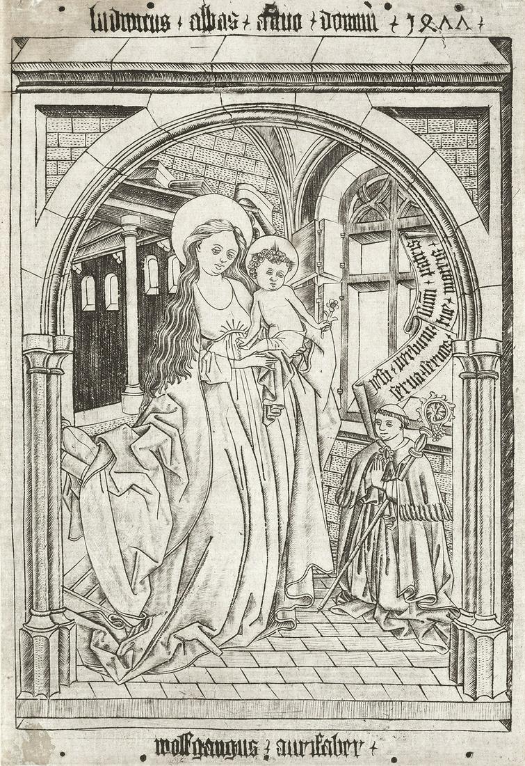 WOLFGANG THE GOLDSMITH (after Master ES) The Madonna: WOLFGANG THE GOLDSMITH (after Master ES)The Madonna and Child with the Abbot Ludwig von Churchwalden.Engraving, 1477. 307x208 mm; 12¼x8¼ inches, thread margins. Ex-collection Heneage Finch Earl of A